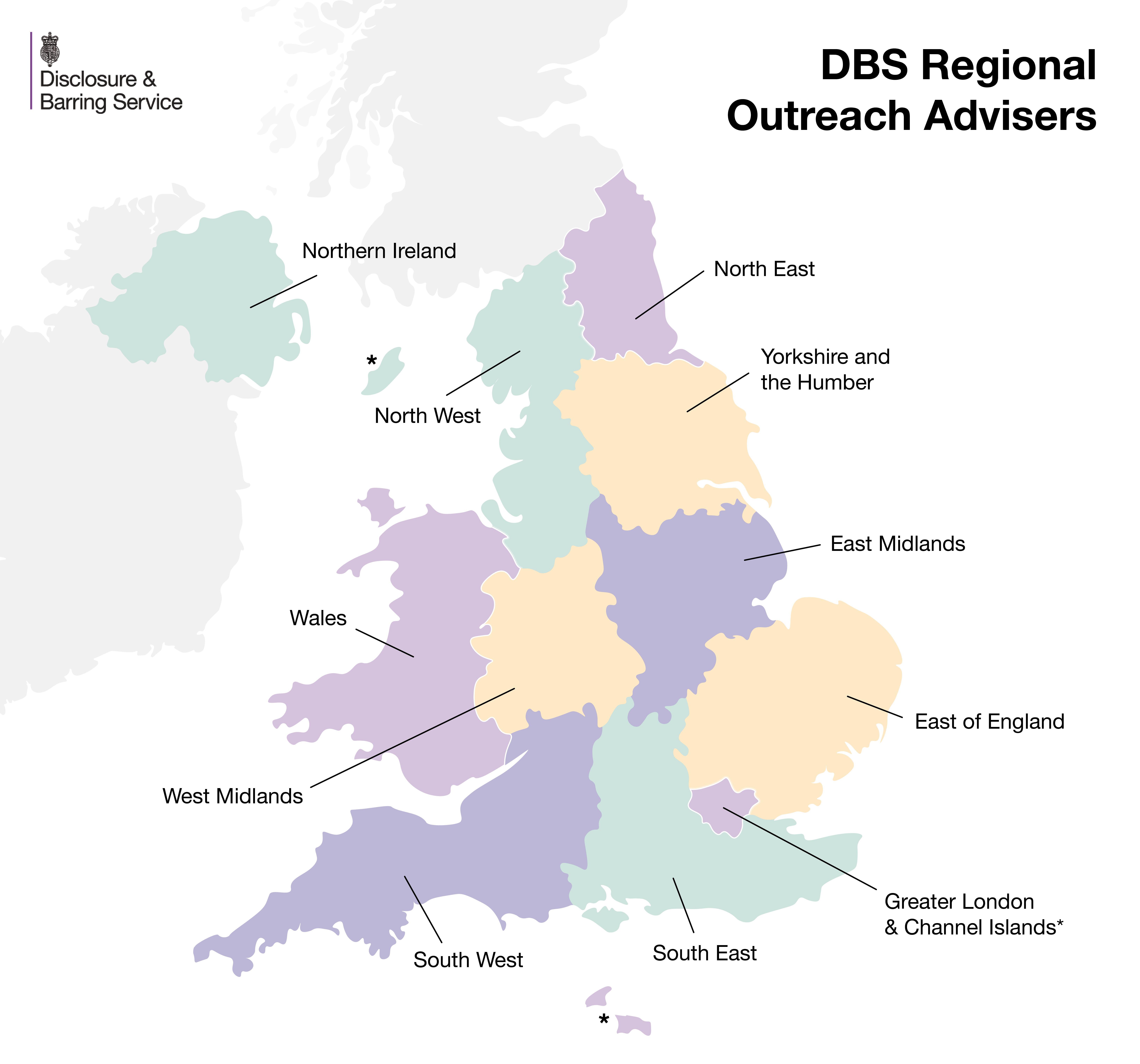 A map of the UK, titled 'DBS Regional Outreach Advisers'. 11 regions are marked on the map, each a different colour.  